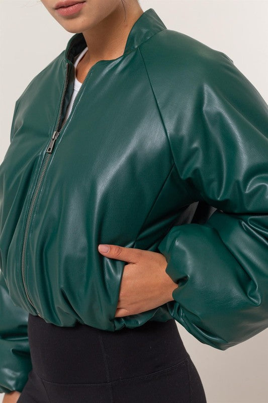 Leather puffer bomber