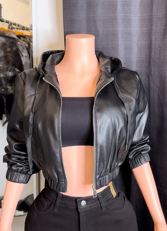 Leather crop hooded jacket.